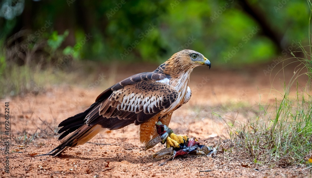 Obraz premium eagle on the ground with its lizard kill changeable hawk eagle keeps the prey under its talons at yala national park sri lanka