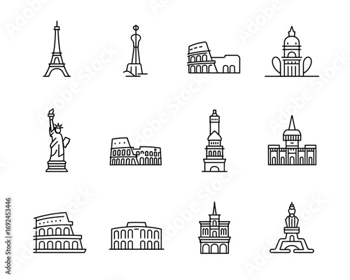 Iconic world landmarks collection set of 12 famous global architecture outline art silhouette vector illustration white background