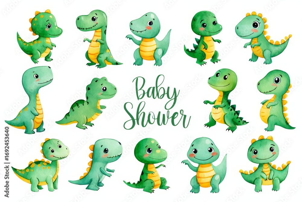Fototapeta premium Cute Watercolor Dinosaur Clip Art - Baby Shower Illustrations