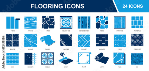 flooring material icon set. floor decoration material - parquet, hardwood, vinyl, plywood, stone, ceramic, engineered wood, pebble, paving, granite, marble, rubber, quartiz, laminate, cork, brick etc.