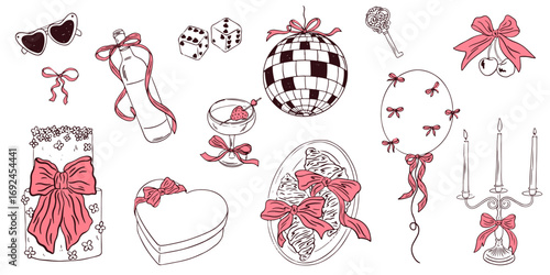 Hand drawn chalk wedding elements. Vintage coquette bow, wine, balloon, croissant, disco ball, cake drawings for wedding invitations, cafe menus and parties. La dolce vita italian sketch style.