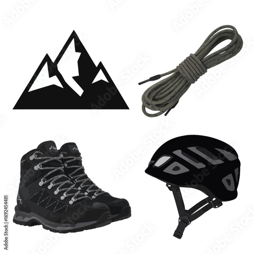 Minimalist mountain climbing gear icons representing adventure and outdoor sports equipment silhouette vector illustration white background