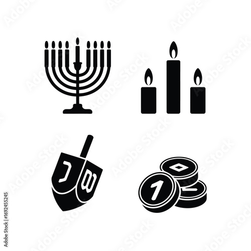 Hanukkah symbols menorah dreidel candles and gelt icons for festive celebrations silhouette vector illustration white background