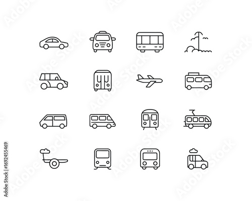 Diverse transportation icons set clean outline style for digital and print media use silhouette vector illustration white background