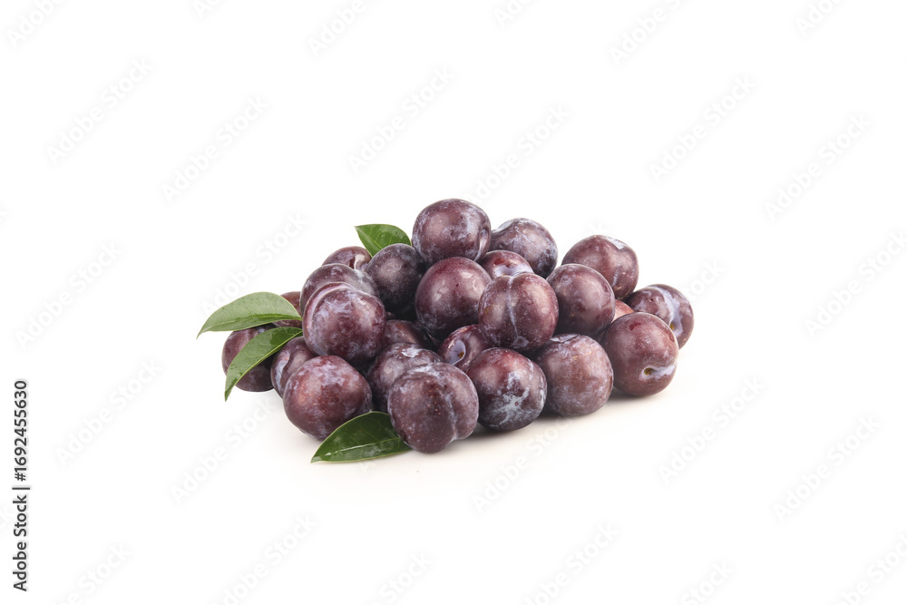 Fototapeta premium Fresh Red Plums with Leaves Isolated on White Background - Healthy Organic Fruit