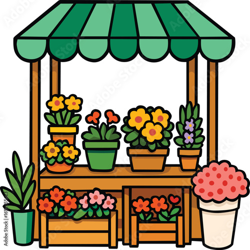 Colorful flower shop stand with potted plants and blossoms under a green canopy, perfect for spring, gardening, floral market, nature themes, and home decor projects, editable EPS format for use