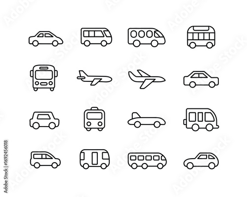 Bundle of 12 transportation icons featuring cars buses airplanes and trains simple line art silhouette vector illustration white background