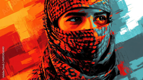 Closeup Portrait of a Man Wearing a Red and Blue Mask Against an Abstract Background