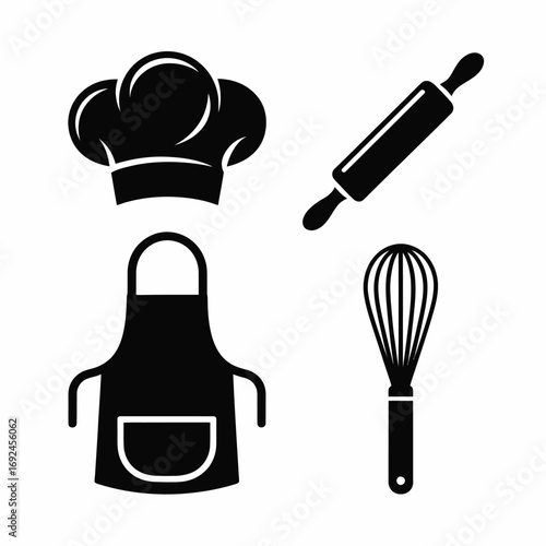 Set of chef hat apron rolling pin and whisk kitchen utensils for baking and cooking graphics silhouette vector illustration white background