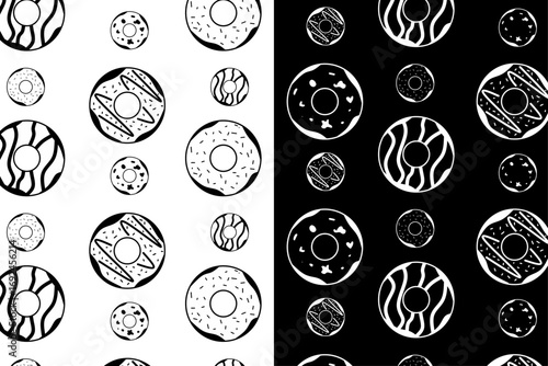 Seamless donut pattern in black and white doodle style. Cute hand-drawn design perfect for kids, bakery branding, wrapping paper, and textile prints.