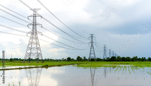Power lines over a flooded rice paddy