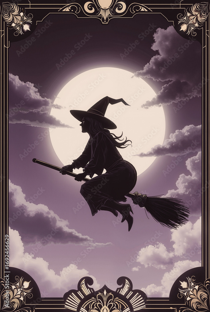 Naklejka premium halloween silhouette of witch flying on broomstick against the full moon under cloudy sky