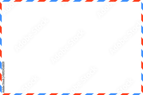 blank postcard template with place for stamp. white paper texture. airmail postcard with red and blue border