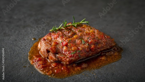 Culinary Composition with Saturated Tones and Garnishing Textured Dark Background.