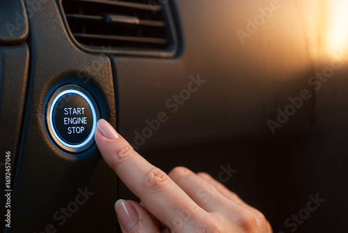 finger pressing start engine stop button in modern car interior at sunset
