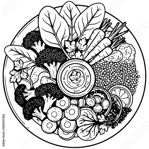 A minimalist black and white vector illustration of a healthy vegan meal with greens on a plate.

