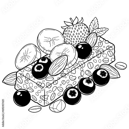  Black and white vector illustration of a healthy granola bar topped with fresh bananas, blueberries, strawberries, and almonds, representing a nutritious snack or breakfast, with clean lines.