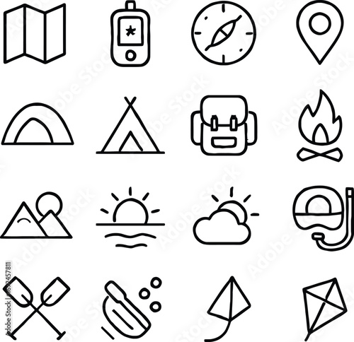 Outdoor adventure travel icons set camping hiking mountains nature exploration symbols