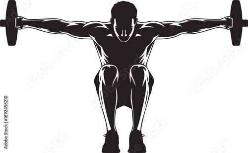 Silhouette of a muscular fitness athlete performing a barbell squat for strength training