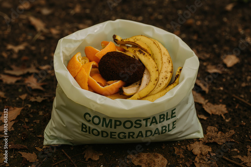 Eco-friendly compostable bag filled with fruit peels on forest ground during autumn