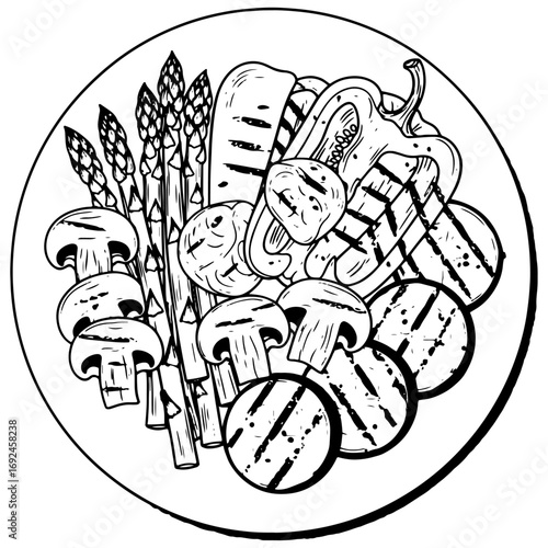 Black and white vector illustration of a plate of perfectly grilled vegetables, including asparagus, mushrooms, zucchini, and bell peppers, all with distinct grill marks and clean lines on a wh