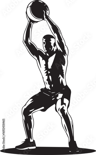 Muscular fitness athlete silhouette performing medicine ball overhead slam exercise dynamic pose