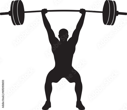 Silhouette of a powerful fitness athlete lifting a heavy barbell in a dynamic pose