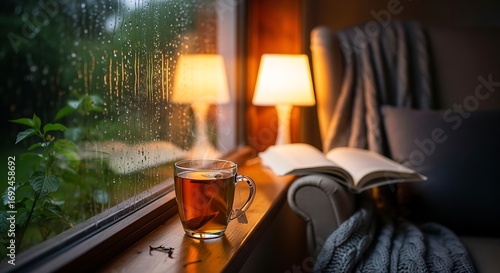 Cozy rainy day reading with tea by the window.