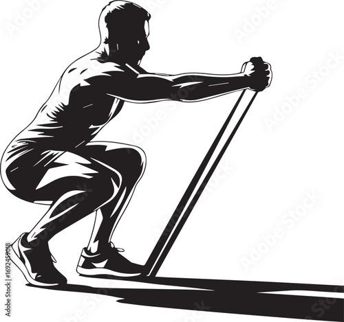 Fitness silhouette muscular athlete performing resistance band squat exercise dynamic movement