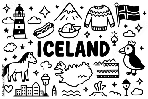 Iceland doodle illustration: puffin, horse, volcano, lighthouse, hot spring, sweater, flag, map, mountains, and local food icons.