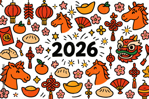 Chinese New Year 2026 doodle illustration: lanterns, horses, fans, dumplings, oranges, dragon mask, firecrackers, and festive decorations