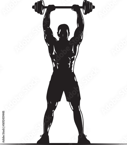 Fitness athlete silhouette lifting barbell overhead muscular bodybuilder strength training
