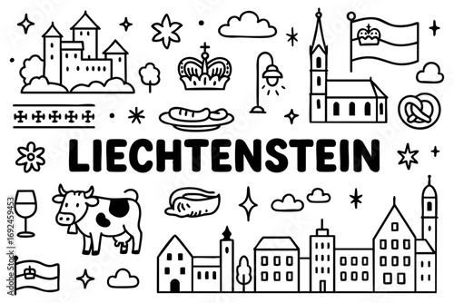 Liechtenstein doodle compilation: Vaduz castle, flags, crown, cheese, sausage, churches, mountains, and alpine houses.