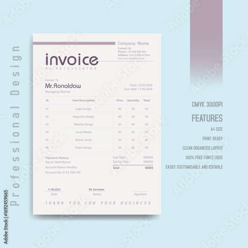 Modern clean invoice template professional business billing statement design document.