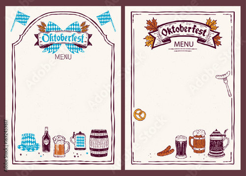 Oktoberfest craft beer menu sketch set. Hand-drawn vector icons with beer mugs, barrels, hops, malt, wheat, and festive elements. Perfect for bar menus, branding, packaging, and print