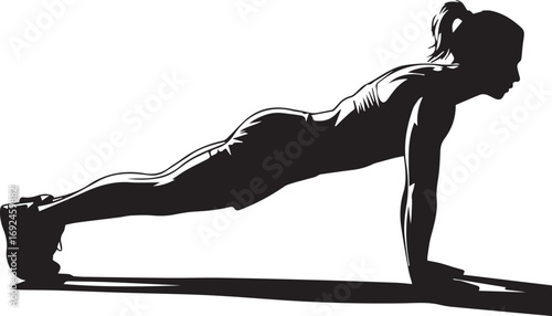 Athletic silhouette woman performing plank exercise in dynamic pose for fitness training