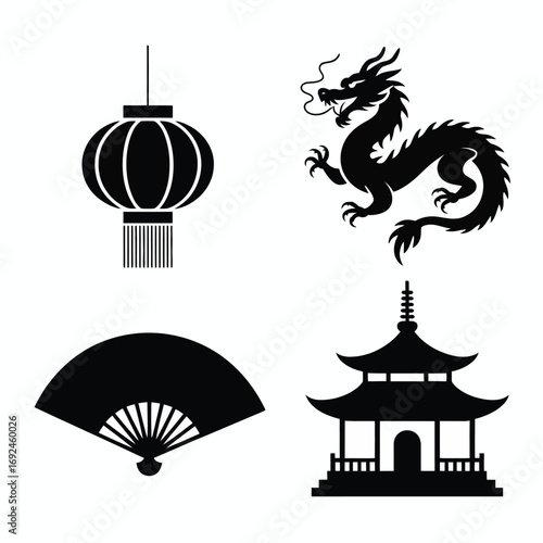 Traditional chinese cultural symbols silhouette set dragon lantern fan pagoda asian art elements silhouette vector illustration white background