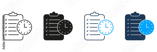 Checklist With Clock Line And Solid Icon Set. Task Management, Time Tracking, And Productivity Planning Silhouette Symbol Collection. Efficient Workflow Organization. Isolated Vector Illustration
