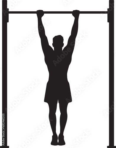 Muscular fitness athlete silhouette performing pull-up exercise on outdoor bar strength training