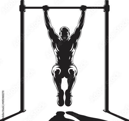 Muscular fitness athlete silhouette performing pull ups on horizontal bar for strength training