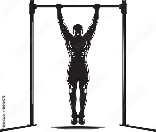 Muscular fitness athlete silhouette performing pull ups on a bar outdoor gym equipment