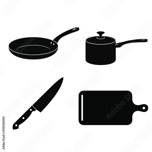 Simple kitchen utensils silhouette set frying pan pot knife cutting board for cooking silhouette vector illustration white background