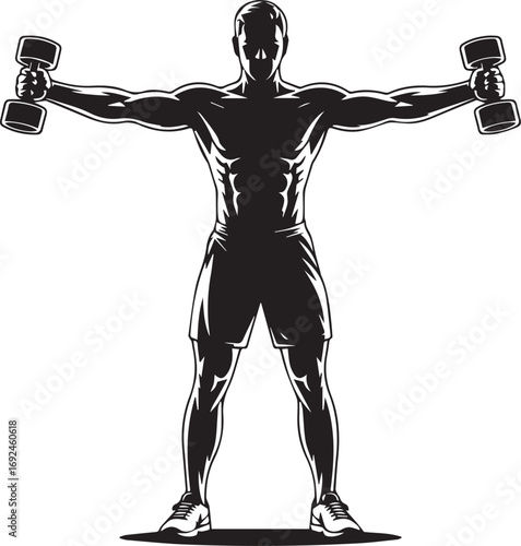 Silhouette of muscular fitness athlete holding dumbbells performing lateral raises workout