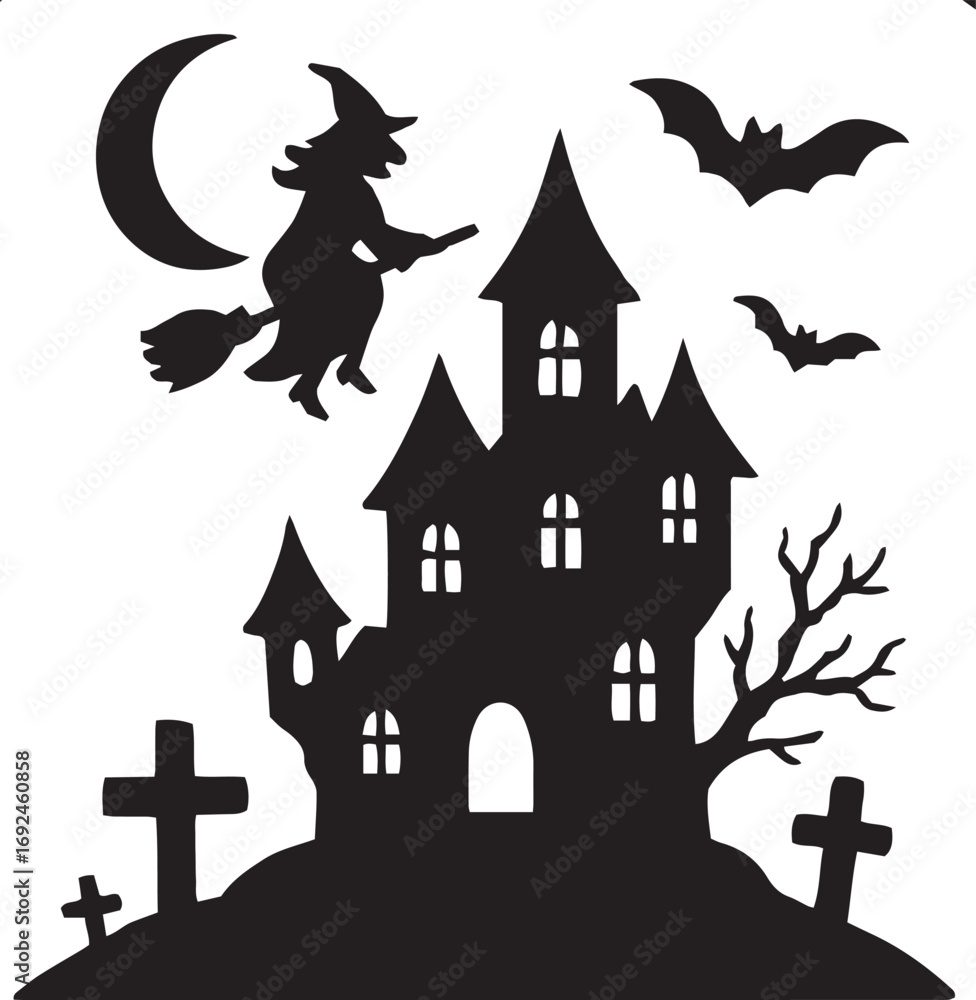 Fototapeta premium Haunted Halloween Elements Pack – Ghosts, Bats, Skulls, and Witches and hunted houese
