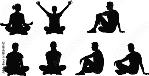 Silhouettes of people sitting in meditation, relaxed and yoga postures on the ground in peaceful, calm, mindfulness-inspired positions.