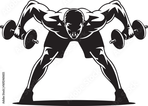 Strong fitness athlete silhouette performing dumbbell exercise for muscular back and shoulders