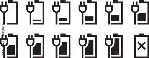 Black Battery Icons with Plug Charging Symbol and Error Indicator – Power and Energy Status Set from Empty to Full for UI, UX, Web, Mobile Apps, Smart Devices, and Technology Interfaces