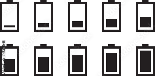 Minimal Black Battery Level Icons Set – Battery Charge Status Indicators from Empty to Full – Power and Energy Symbols for UI, UX, Apps, Web Design, Devices, and Tech Interfaces