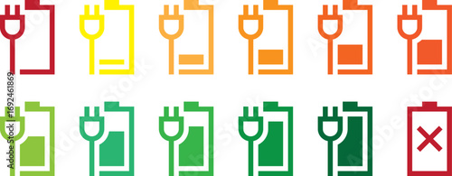 Gradient Color Battery Icons with Plug Charging Symbols and Error Indicator – Battery Level Set from Empty to Full for UI, UX, Mobile Apps, Web Design, Smart Devices, and Technology Interfaces