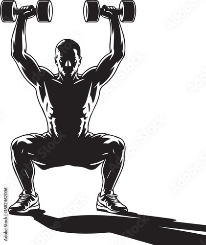 Muscular fitness athlete silhouette performing dumbbell squat exercise with strong shadow